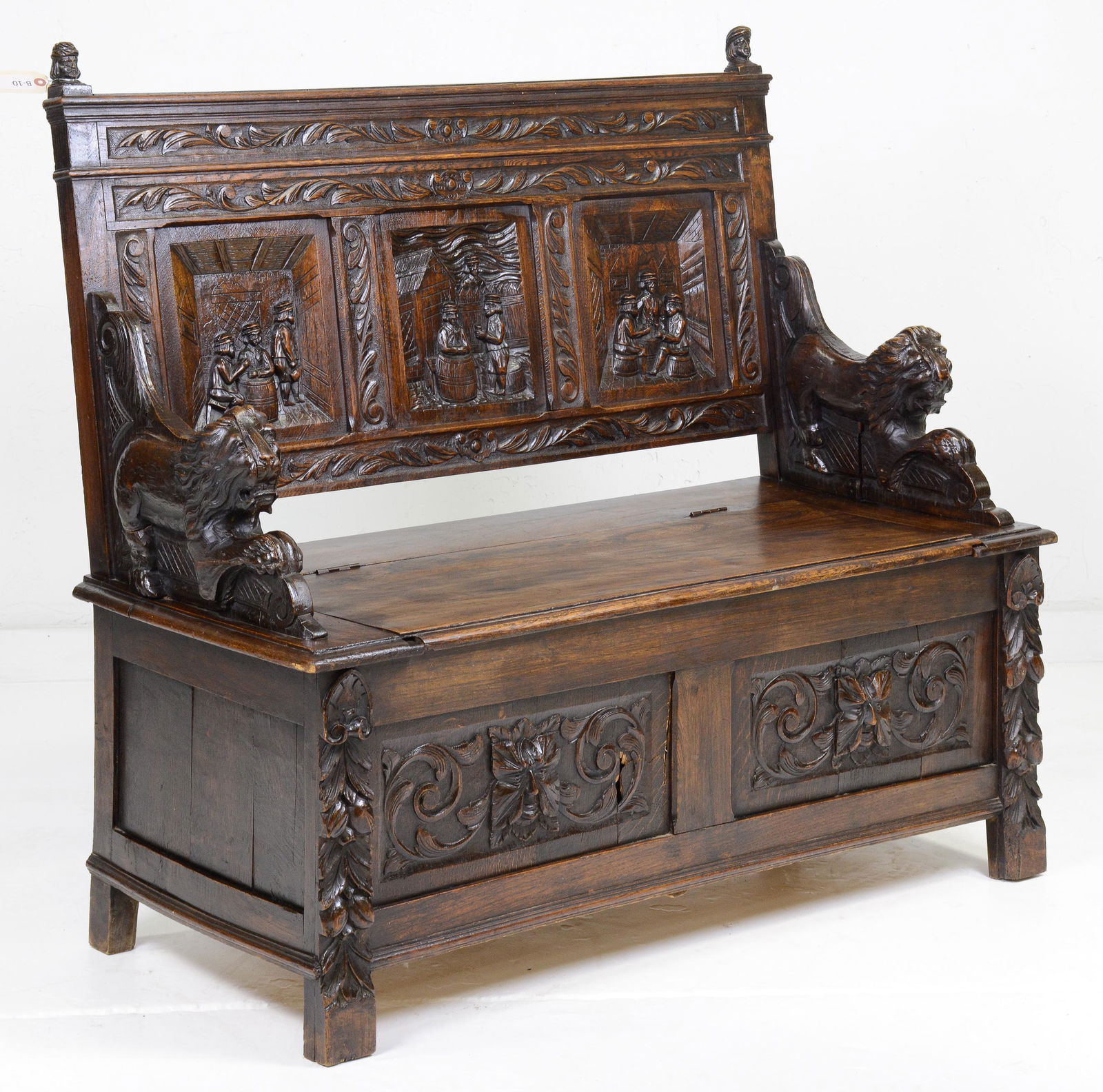 Carved Oak Lift Seat Hall Bench With Seated Lion Arms (1 of 6)