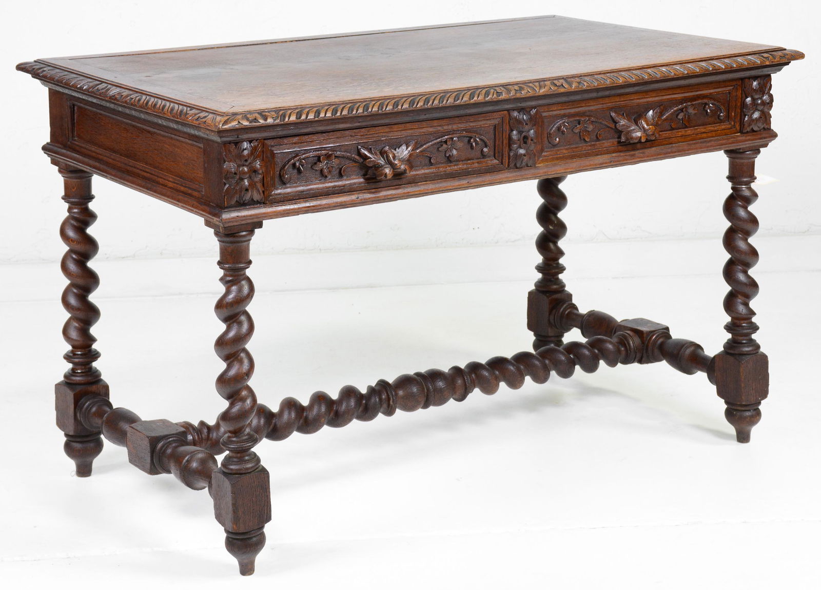 Carved Oak Barley Twist 2 Drawer Writing Table / Desk (1 of 5)