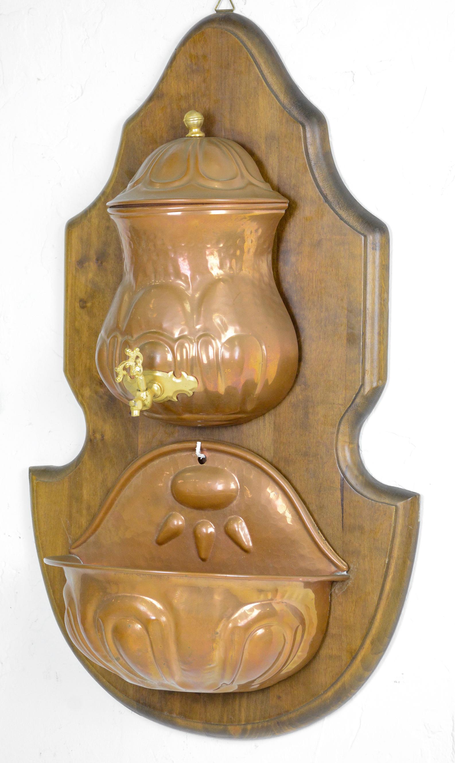 Small French Copper Water Font On Beech Wood: Small French Copper Water Font on Beech Wood Panel - 25 in tall x 16 x 7