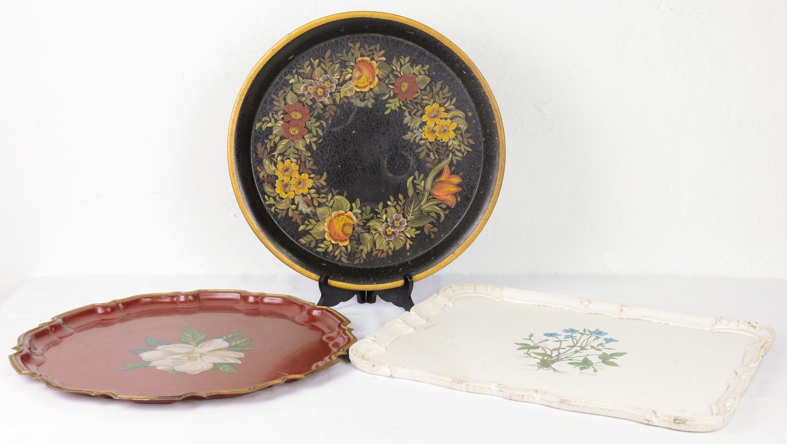 2 Painted Tole Trays & 1 Floral Painted Tray (1 of 4)