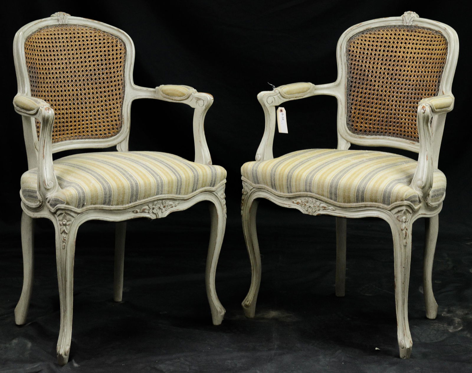 Pair French Upholstered Cane Back Arm Chairs (1 of 4)