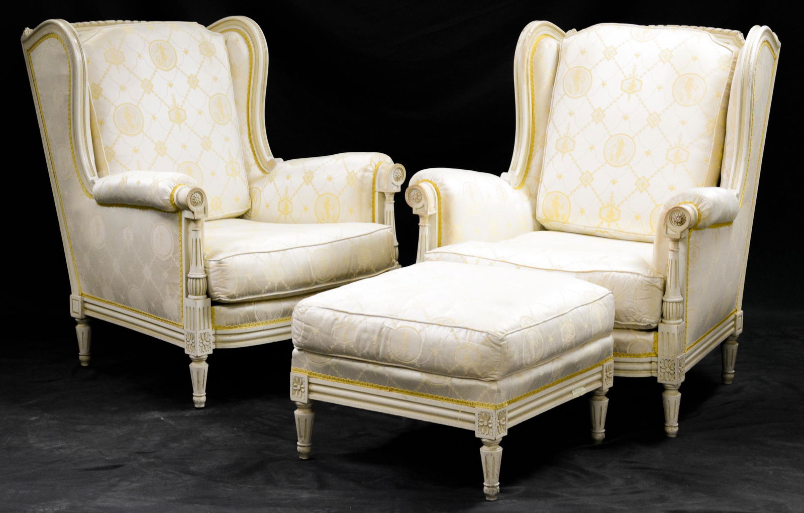 Pair Painted Louis XVI Style White Arm Chairs & Stool (1 of 3)