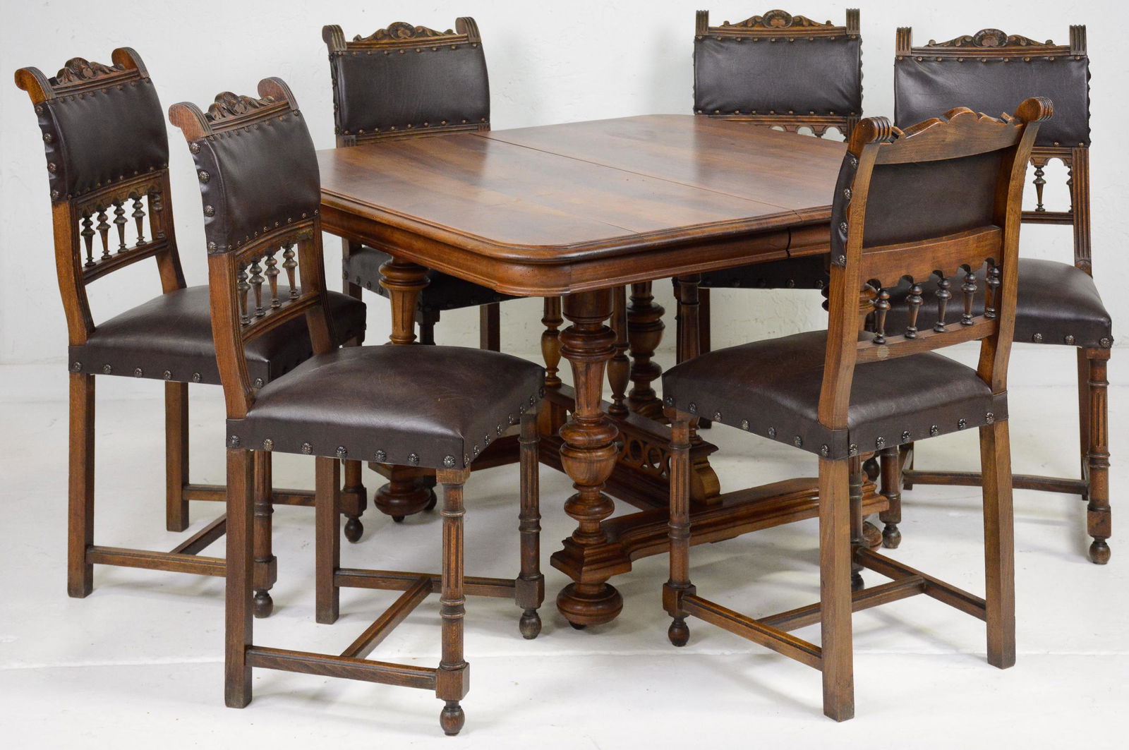 Henri II Style Table & 6 Leather Upholstered Chairs (1 of 5)