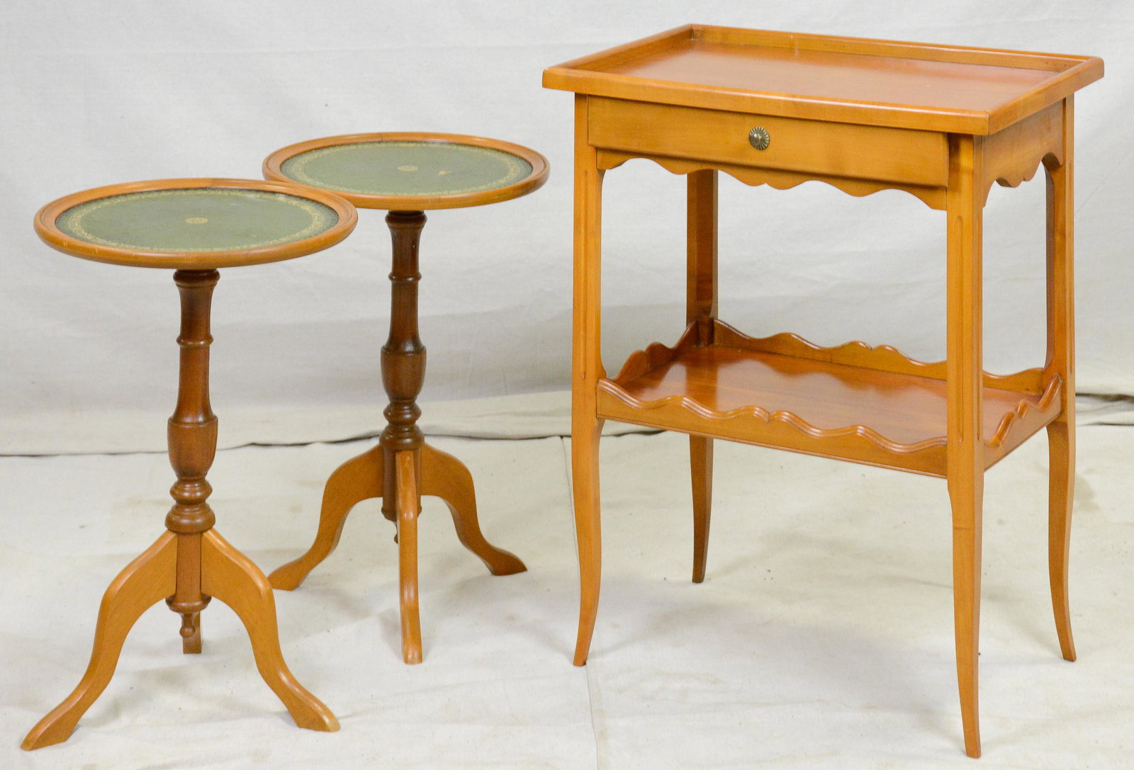 2 French Wine Tables & a Side Table: 2 French Wine Tables ( 21 in tall x 14 round) & a Side Table (28 in tall x 22 x 15)