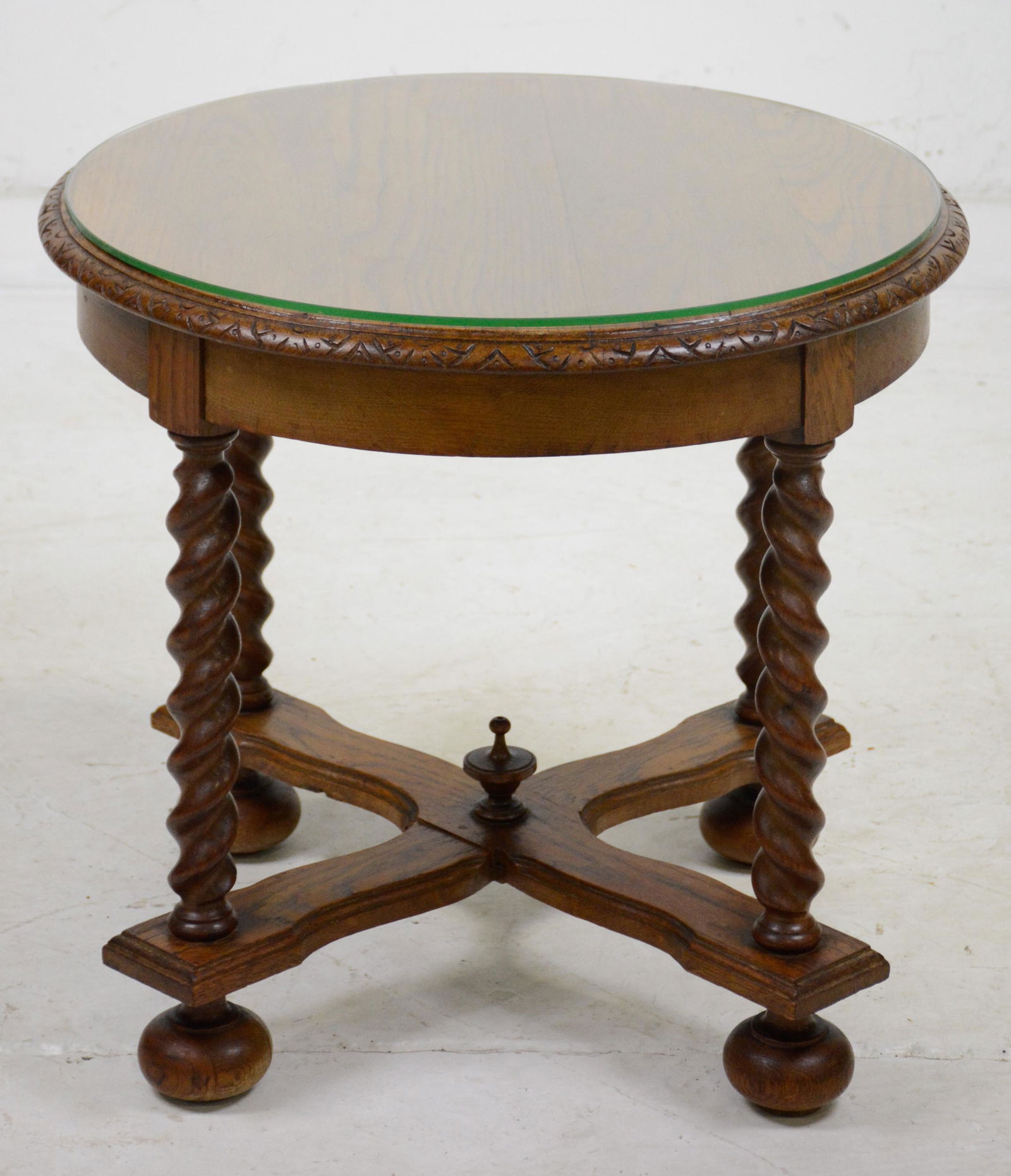 Barley Twist Round Oak Side Table with Glass Top (1 of 2)