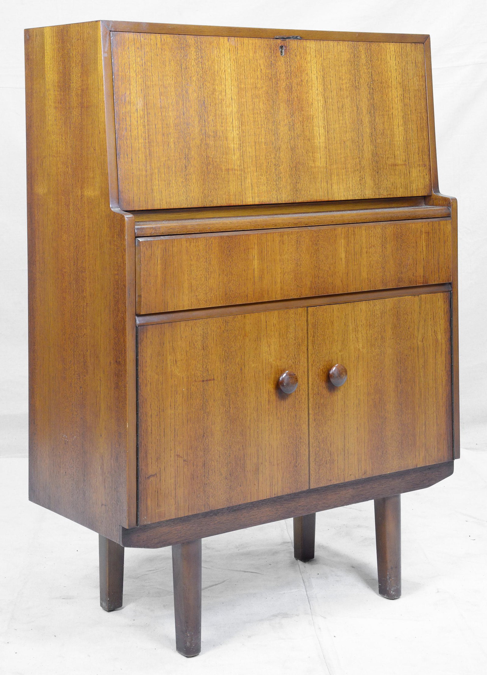 Mid Century Modern Drop Front Desk: Danish Modern Style Drop Front Desk Made in England - 44 in tall x 31 x 15
