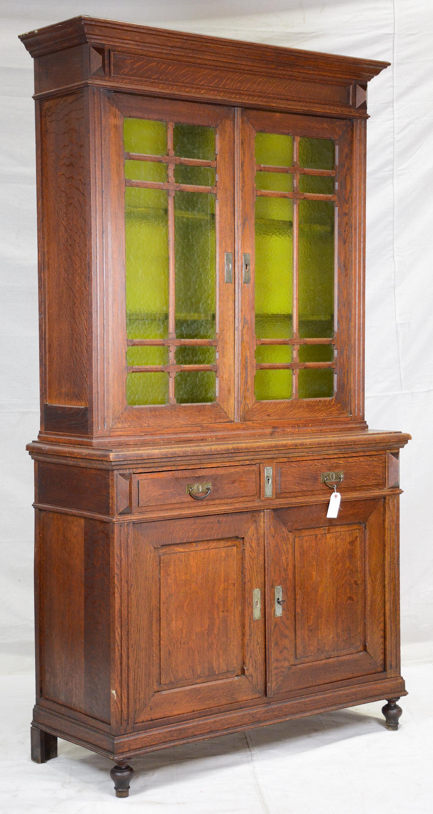 French Oak Arts & Crafts Stained Glass Door Cupboard (1 of 3)