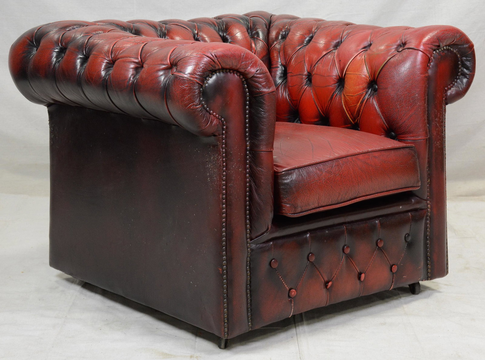 Red Leather Button Tufted Club Chair: Red Oxblood Leather Button Tufted Chesterfield Club Chair - 28 in tall x 32 x 37 and height from floor to top of cushion is 18 inches