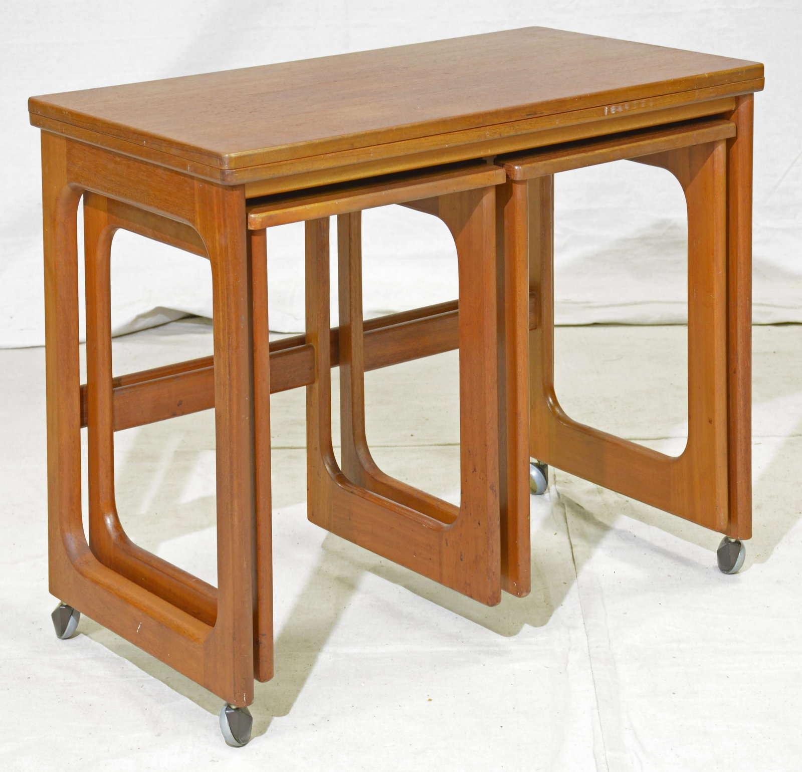 Mid Century Triform Flip Top Nest by McIntosh: Danish Modern Style Teak Triform Flip Top Nest by McIntosh - 24 tall x 30 x 17