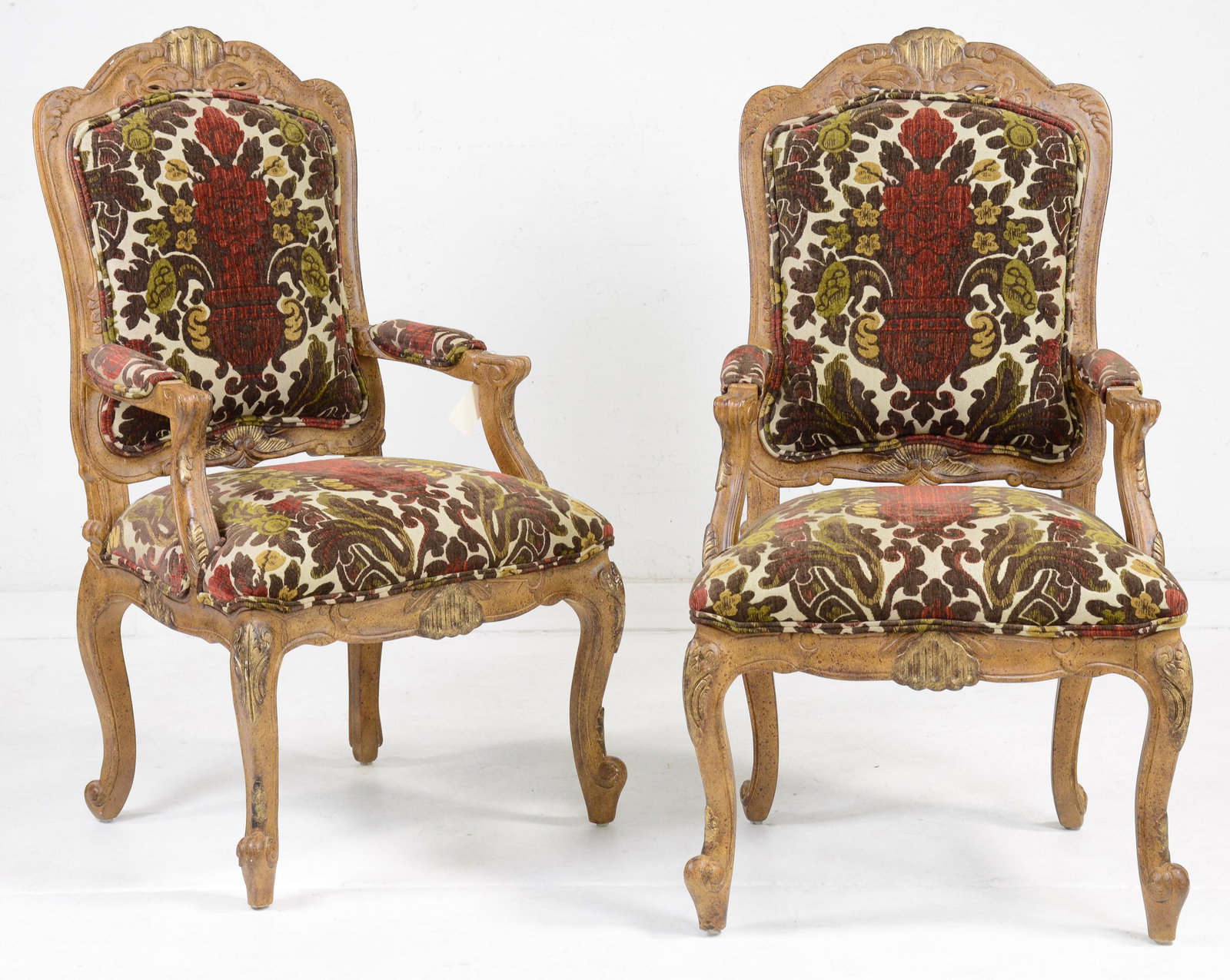 Pair French Style Upholstered Arm Chairs: Pair French Style Upholstered Arm Chairs - 46 in tall x 23 x 25