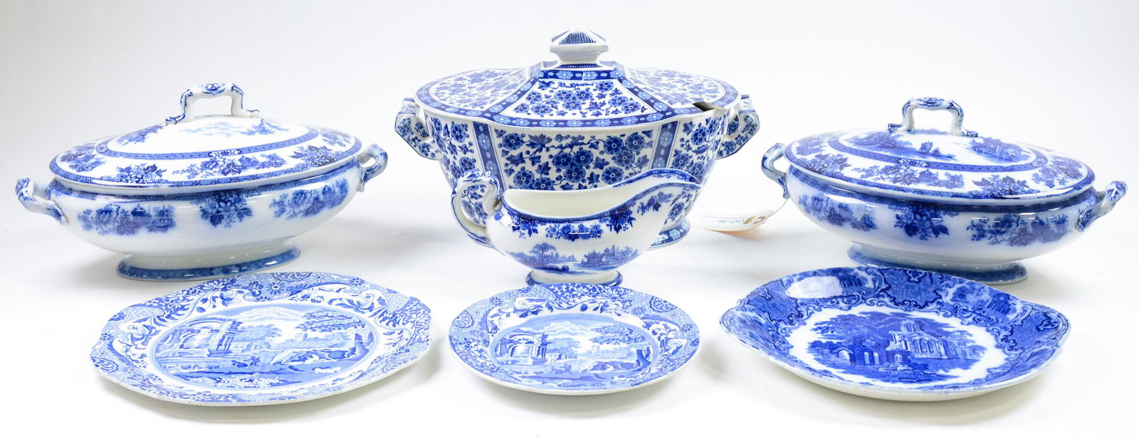 7 Assorted Blue / White China - Plates, Tureen, Etc.: 7pcs Assorted Blue / White China - Plates, Tureens, Etc. - Doulton, Copeland Spode,