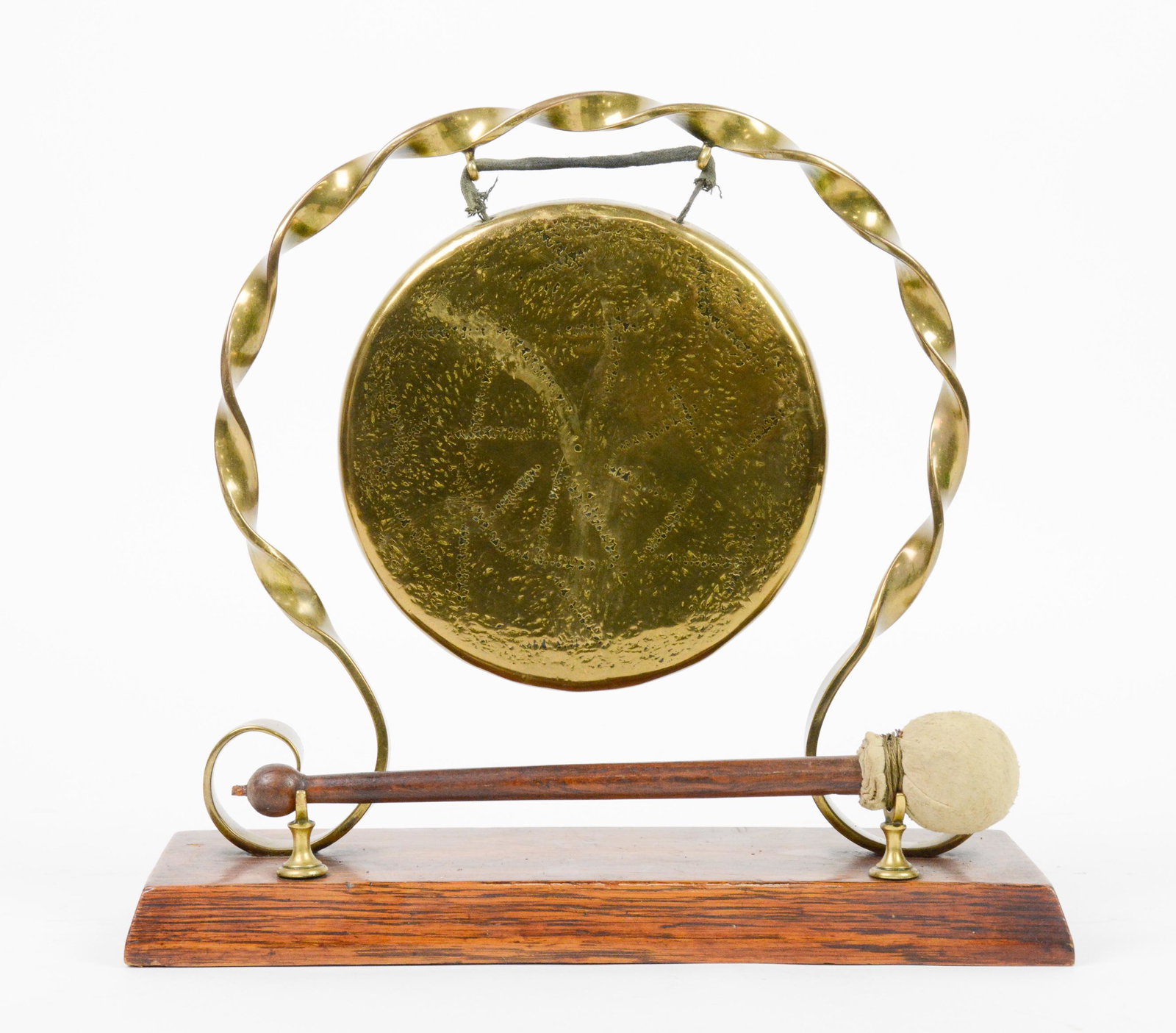 English Oak and Brass Table-Top Dinner Gong: Small Brass Gong on Wood Base - 10 in tall x 11 x 4