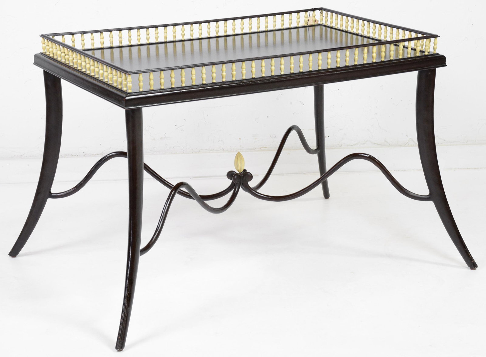 Henredon Tea Table With Gallery & Metal Base: Henredon Tea Table with Gallery & Metal Base Finial Stretcher - 27 in tall x 45 x 32