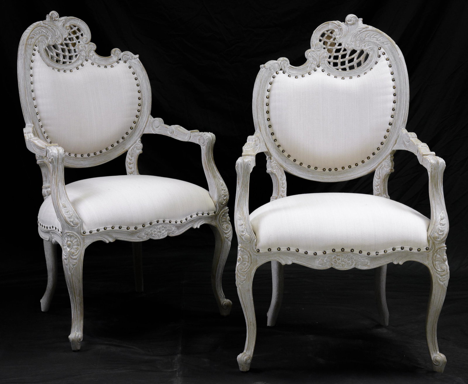 Pair Painted French Style Carved Fire Side Arm Chairs: New Item, Pair Painted French Style Carved Fire Side Arm Chairs - 44 in tall x 27 x 21