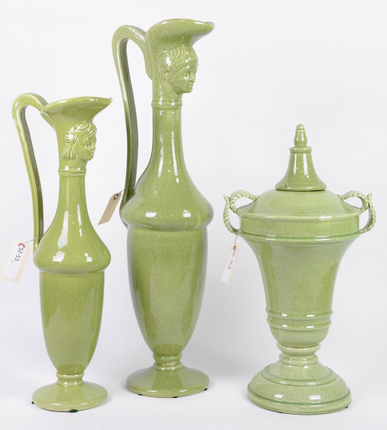 3pc Snap Pea King / Queen Amphora / Pitcher & Urn: 3pcs, Snap Pea King & Queen Amphora / Pitcher and Green Urn - Made in Italy - 30 in tall x 10 x 8 (measurements for largest pitcher only)
