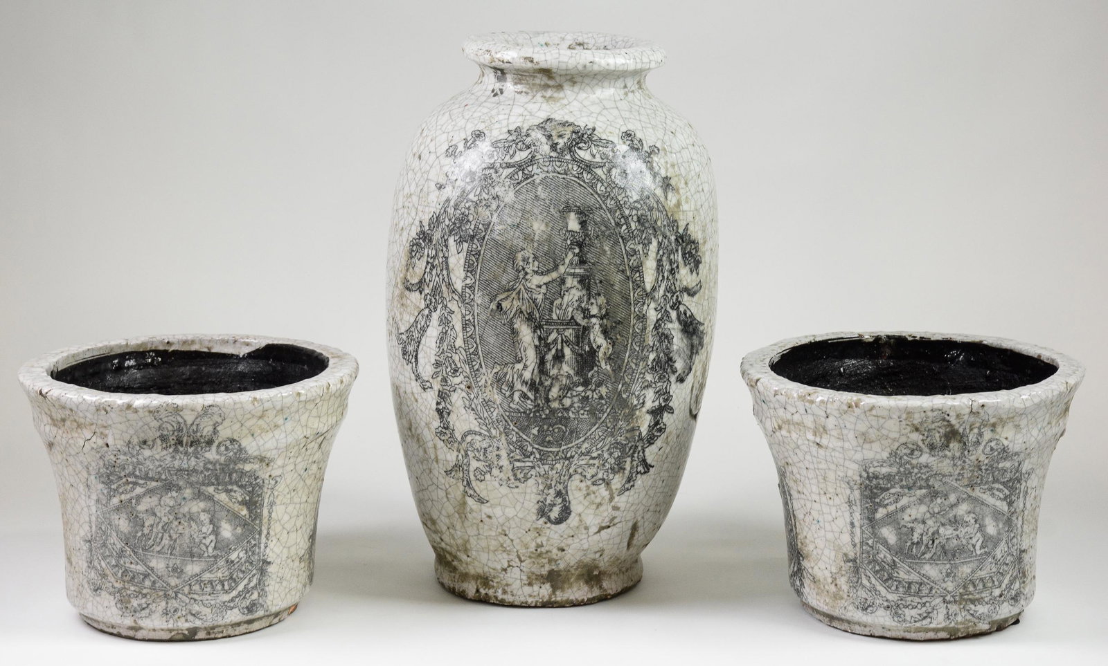 3 Black & White Terracotta Vase & Jardinaires: Three Black & White Terracotta Vase & Jardinaires - Largest is 17 in tall x 10 x 10