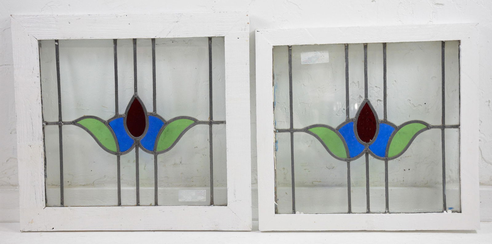 Pair English Leaded Stained Glass Windows: Pair English Leaded Stained Glass Windows - Red / Blue - Floral Pattern - 23 in tall x 22 x 2