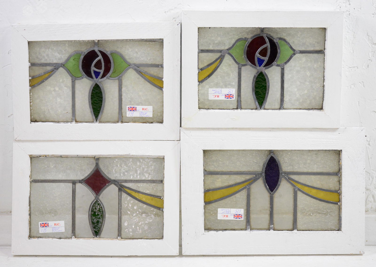 4 English Leaded Stained Glass Windows: 4 English Leaded Stained Glass Windows - Floral / Draping Pattern - 12 in tall x 17 x 2 (measurements for largest only)