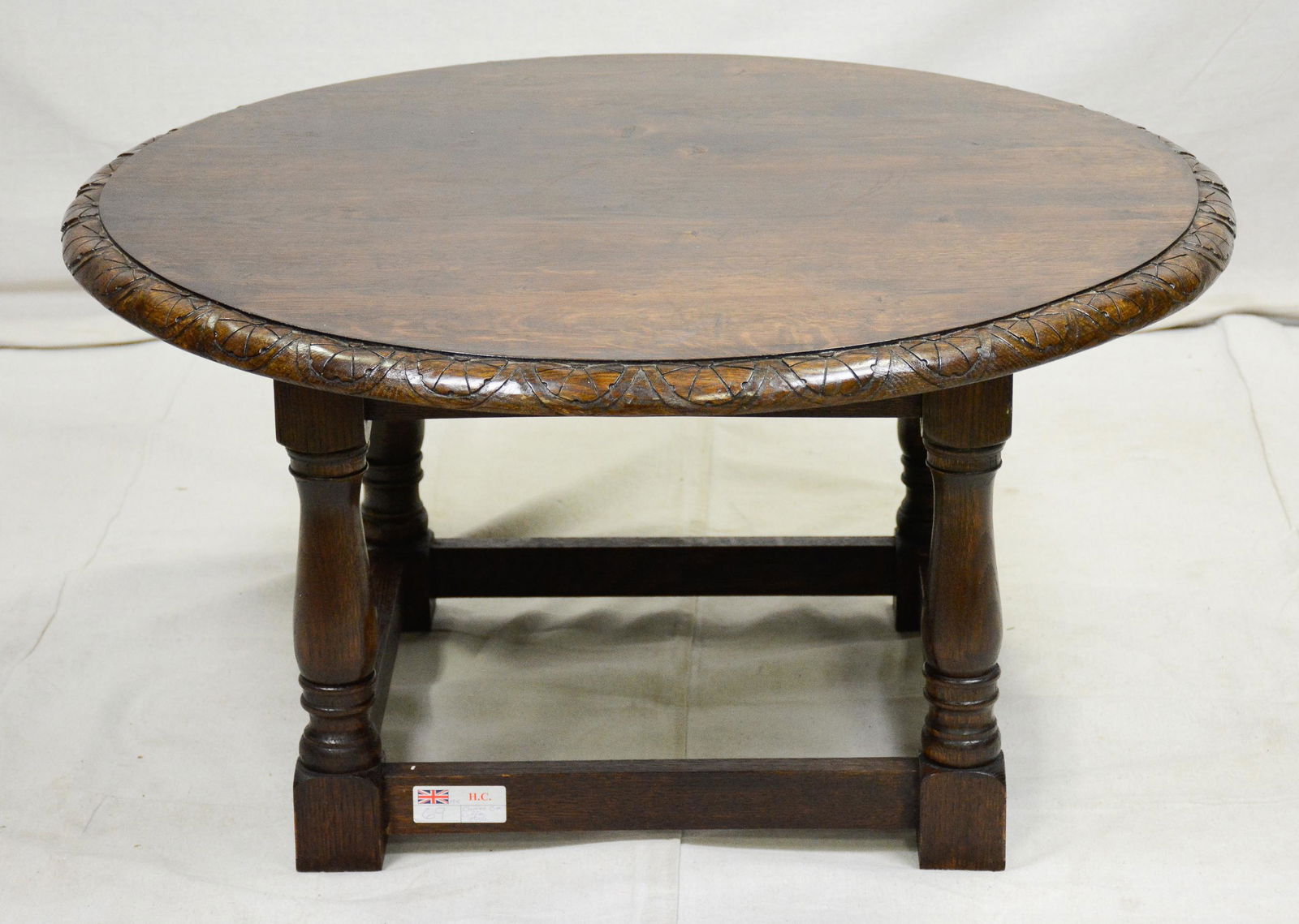 British Carved Oak Round Coffee Table: British Carved Oak Round Coffee Table - 19 in tall x 36 round