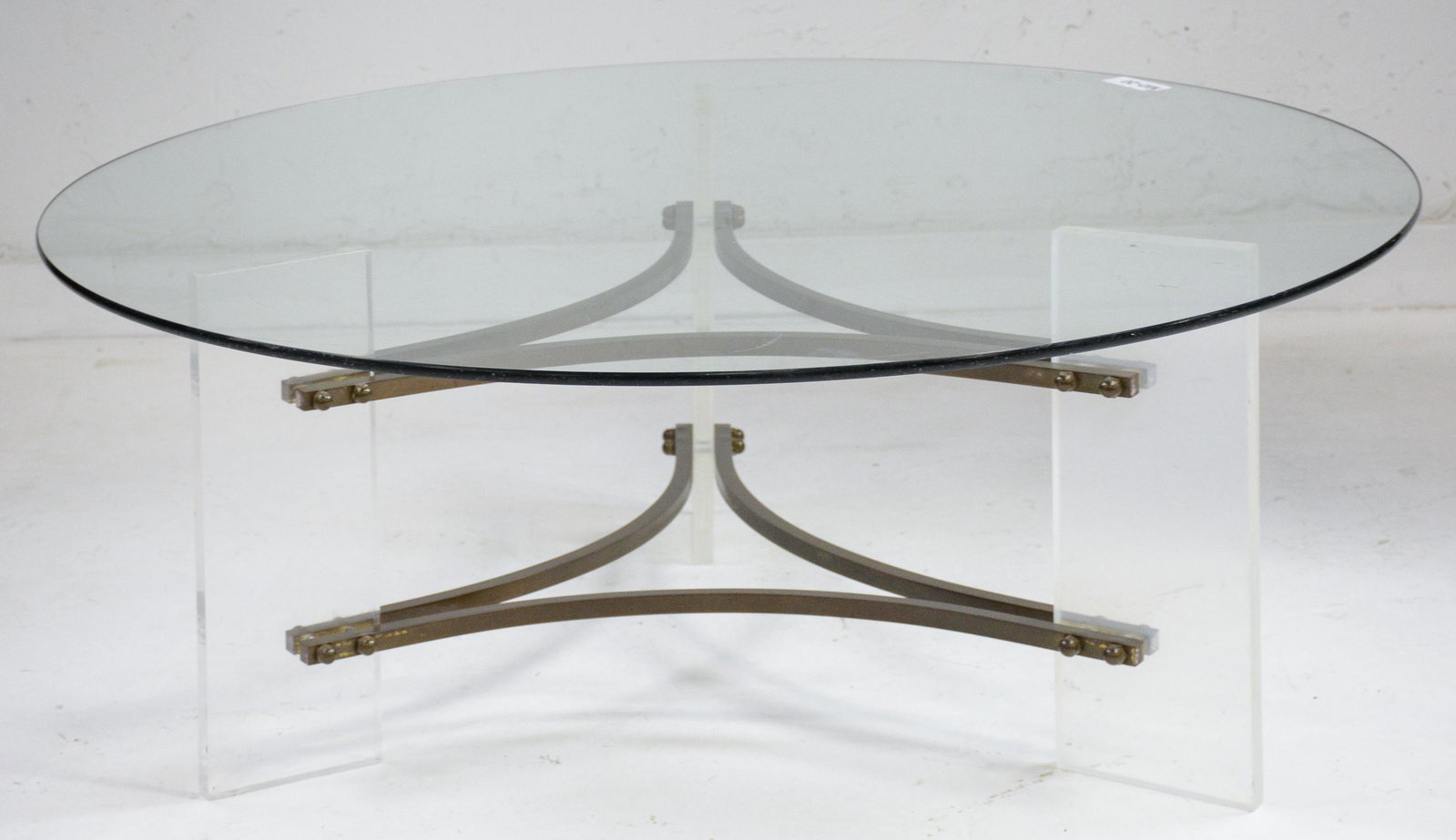 Mid Century Modern Coffee Table - Lucite Base: Mid Century Modern Glass Top Coffee Table with Lucite / Wood Base - 17 in tall x 42 round