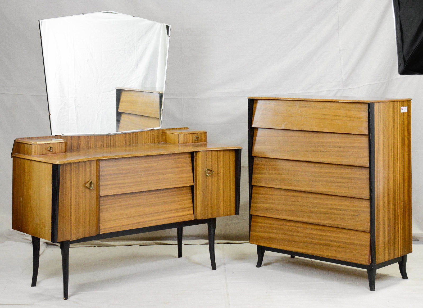 Mid Century Modern Dresser & Chest: Danish Modern Style Dresser & Chest with Striped Wood and Ebonized Trim - 42 in tall x 36 x 18 and 63 in tall x 49 x 22