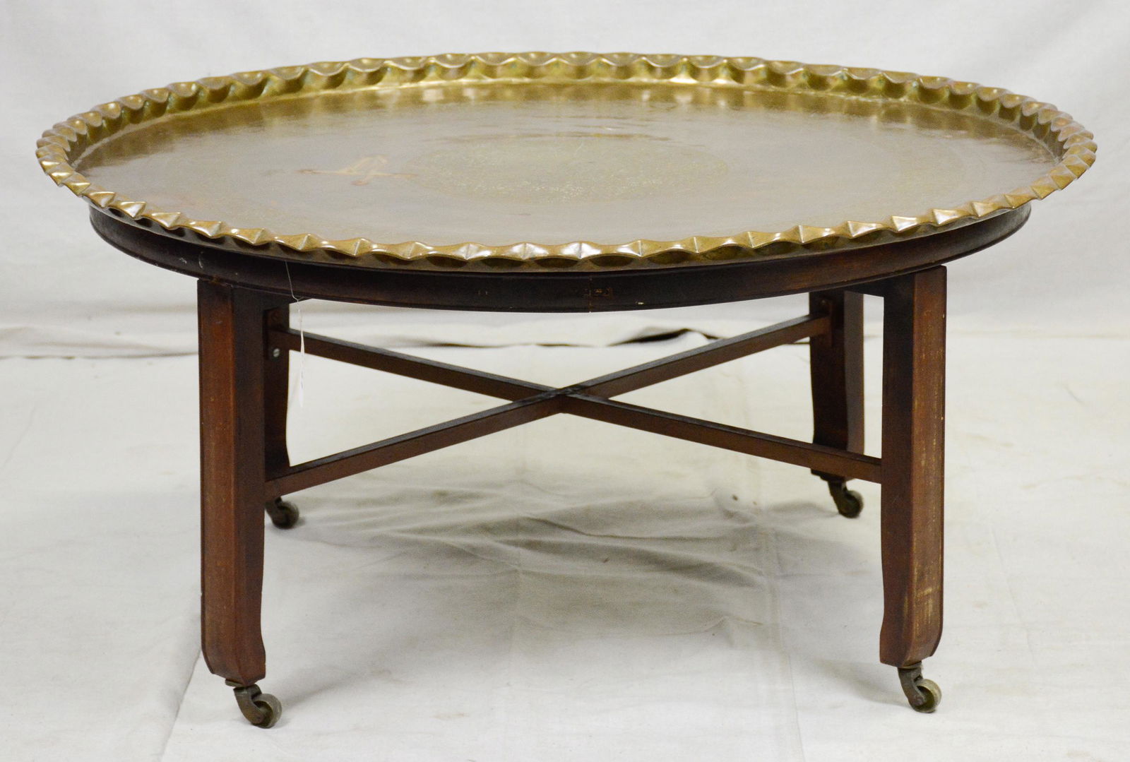 Large Round Brass Tray Top Coffee Table: Large Round Brass Tray Top Coffee Table - 20 in tall x 41 round