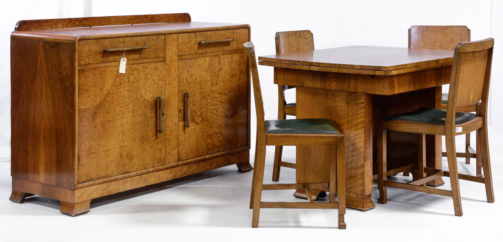 Deco Dining Room Set - Table, Sideboard & 4 Chairs: European Burlwood Mid Century Deco Dining Room Set - Dining Table (31 in tall x 33 x 42 + two 12 in leaves) , Sideboard ( 39 in tall x 55 x 22 )& 4 Chairs ( 35 in tall x 19 x 20