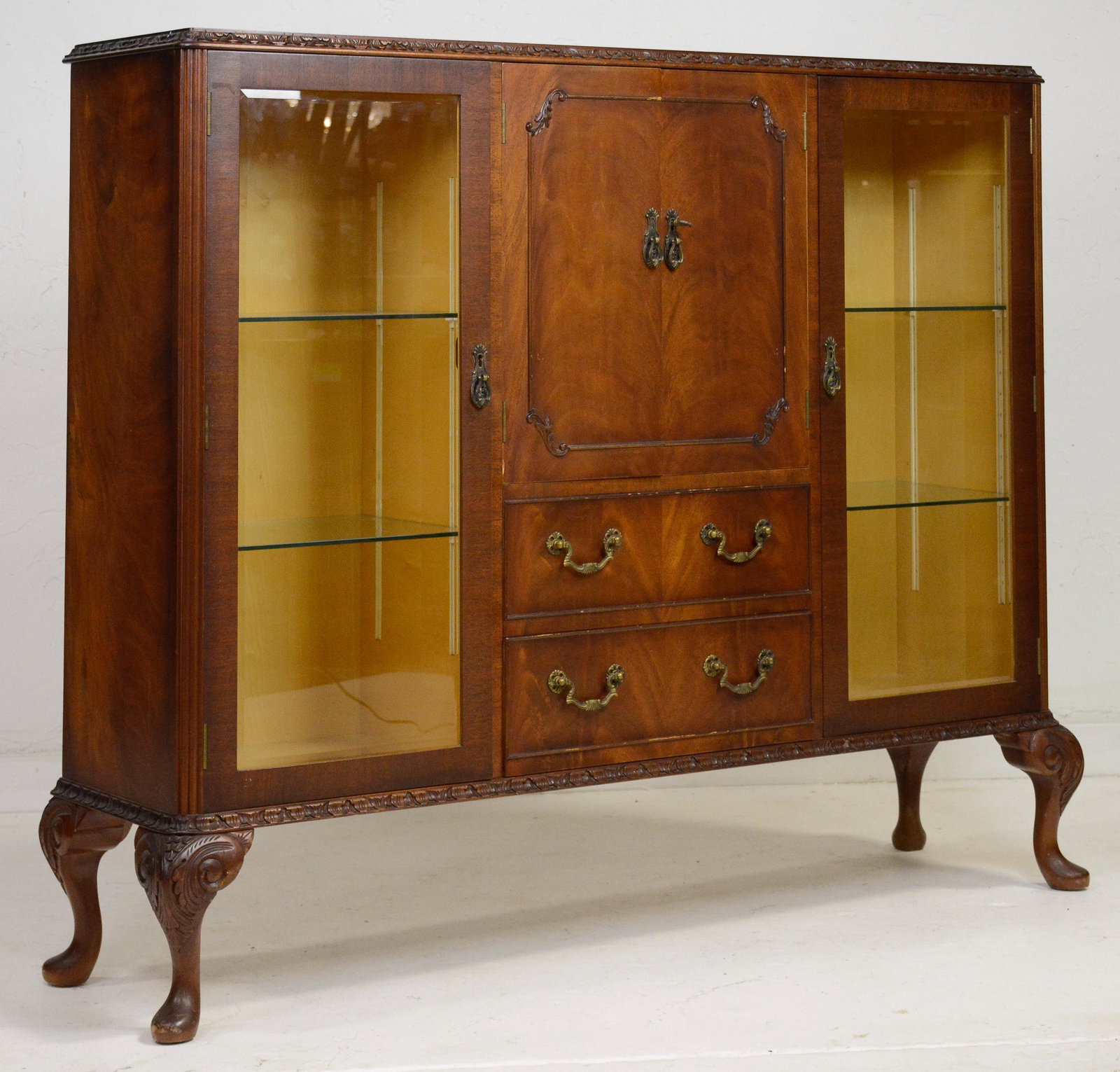 English Curio / Display Cabinet with Queen Ann Legs: English Curio / Display Cabinet with Queen Ann Legs - features Birdseye maple interior - 47 in tall x 55 x 15