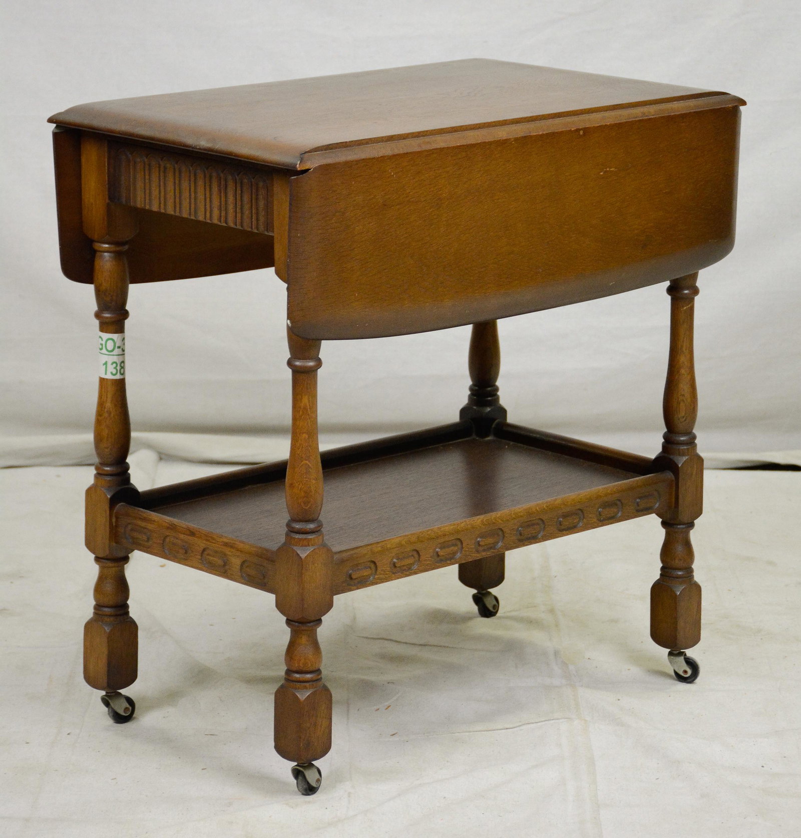 English Carved Oak Drop Side Trolley / Cart: English Carved Oak Drop Side Trolley / Cart - 28 in tall x 28 x 17
