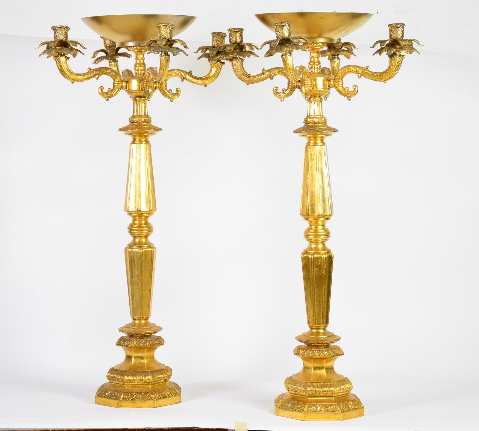 Pair of Large Gold Tone Candelabras: Pair of Large Gold Tone Candelabras - 34 in tall x 19 x19