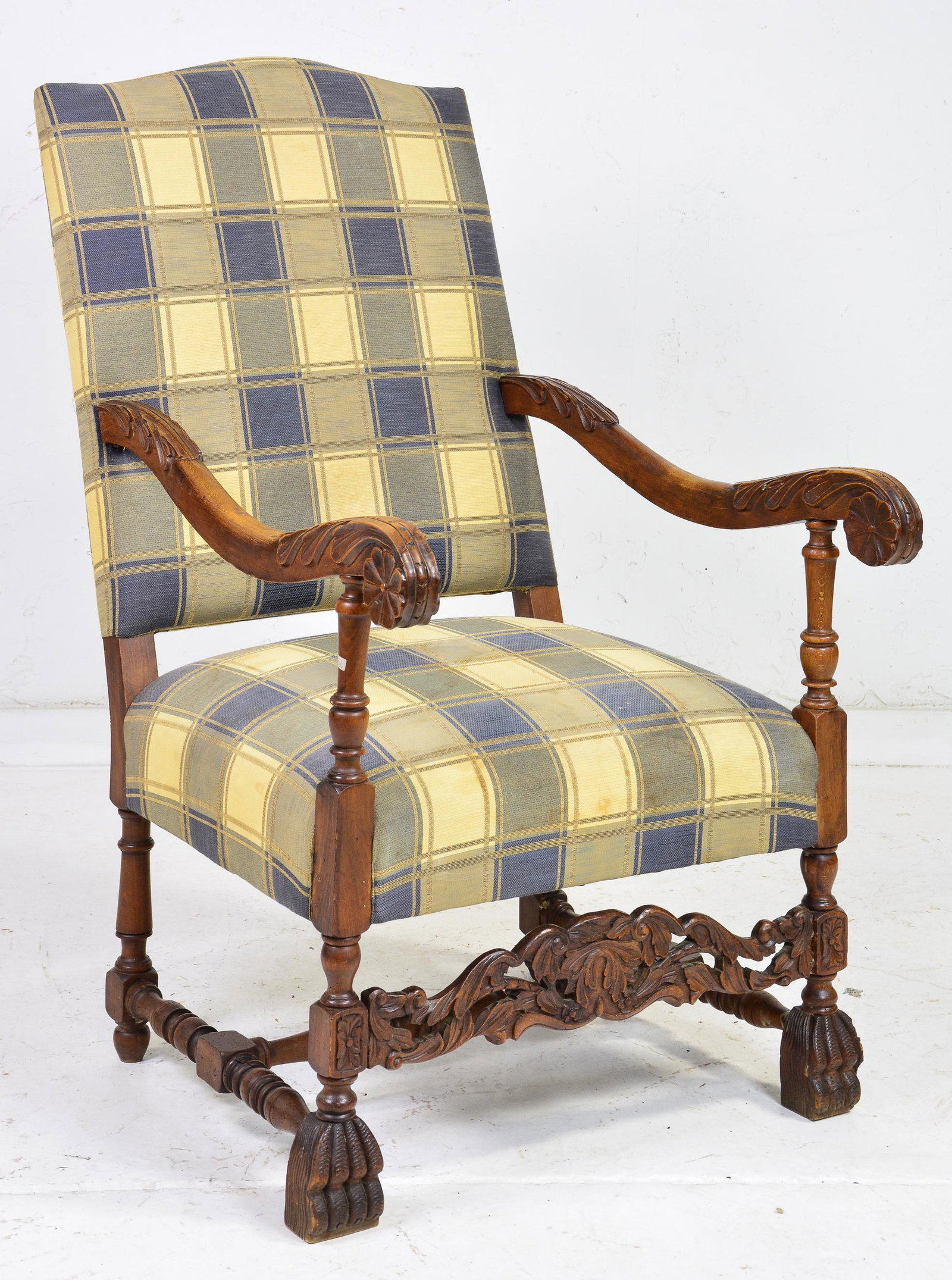 Carved Upholstered French Armchair: Carved Upholstered French Armchair - 45 in tall x 27 x 30