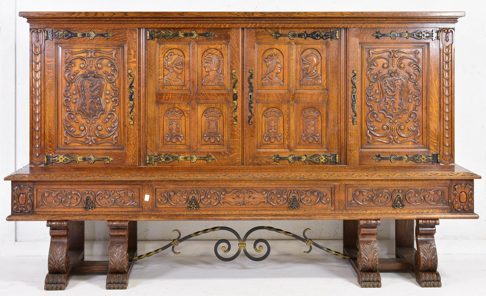 Large Carved Tudor Style Dresser / Cupboard: Large Carved 4 Door Tudor Style Dresser / Cupboard - 59 in tall x 102 x 27