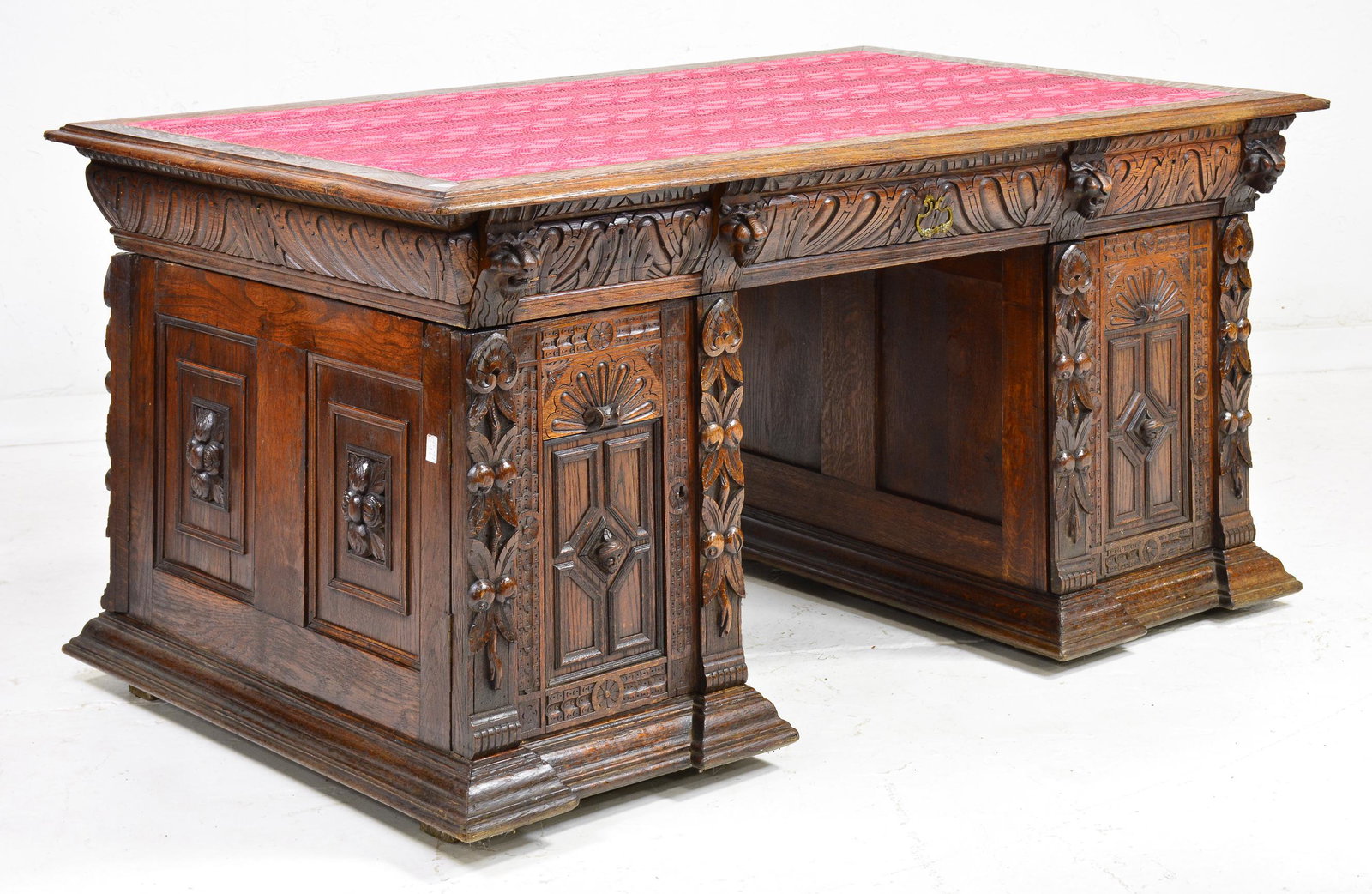 Carved Oak French Partners Desk: French Carved Oak Partners Desk with Faux Snake Skin Top - 30 in tall x 64 x 40