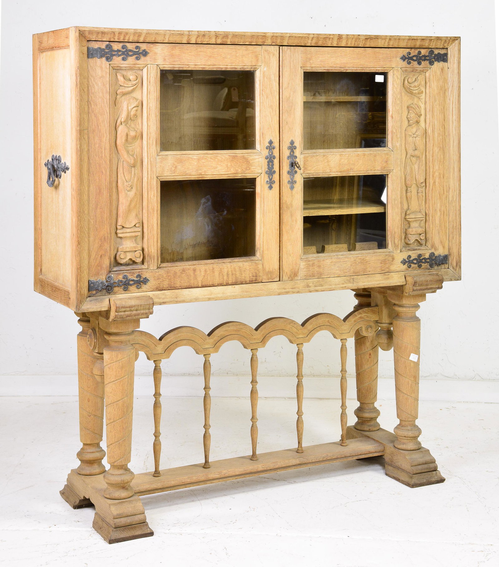Bleached Tudor Style Carved Wine / Bar Cabinet: Bleached Tudor Style Carved Wine / Bar Cabinet - 59 in tall x 54 x 22