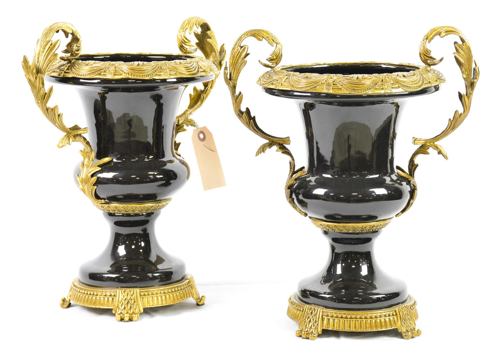 Pair French Style Black Urns With Brass (1 of 3)