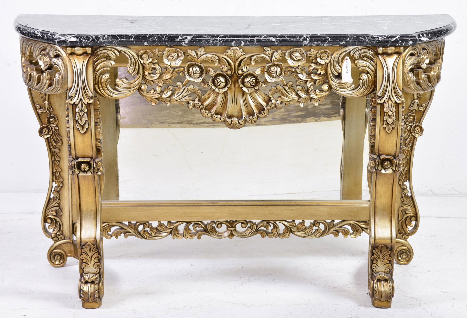 Silver Patina Carved Marble Top Console: New Item, Silver Patina Carved Marble Top Console with Lower Mirror Back Center - 37 in tall x 60 x 21