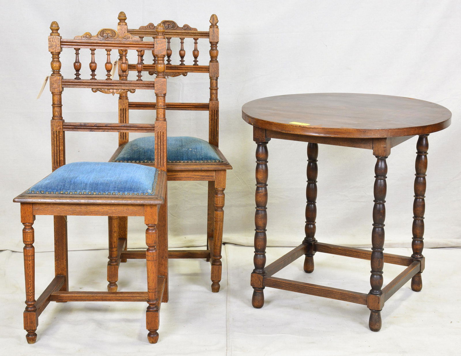 2 French Blue Upholstered Chairs & Round Oak Table (1 of 3)
