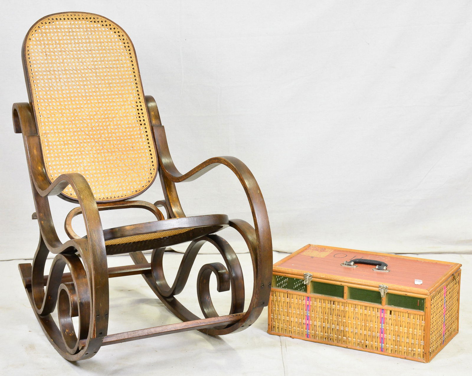 Thornet Caned Rocking Chair & Pigeon Carrier: Thornet Caned Rocking Chair & Pigeon Carrier - 38 in tall x 22 x 37 and 9 in tall x 21 x 13