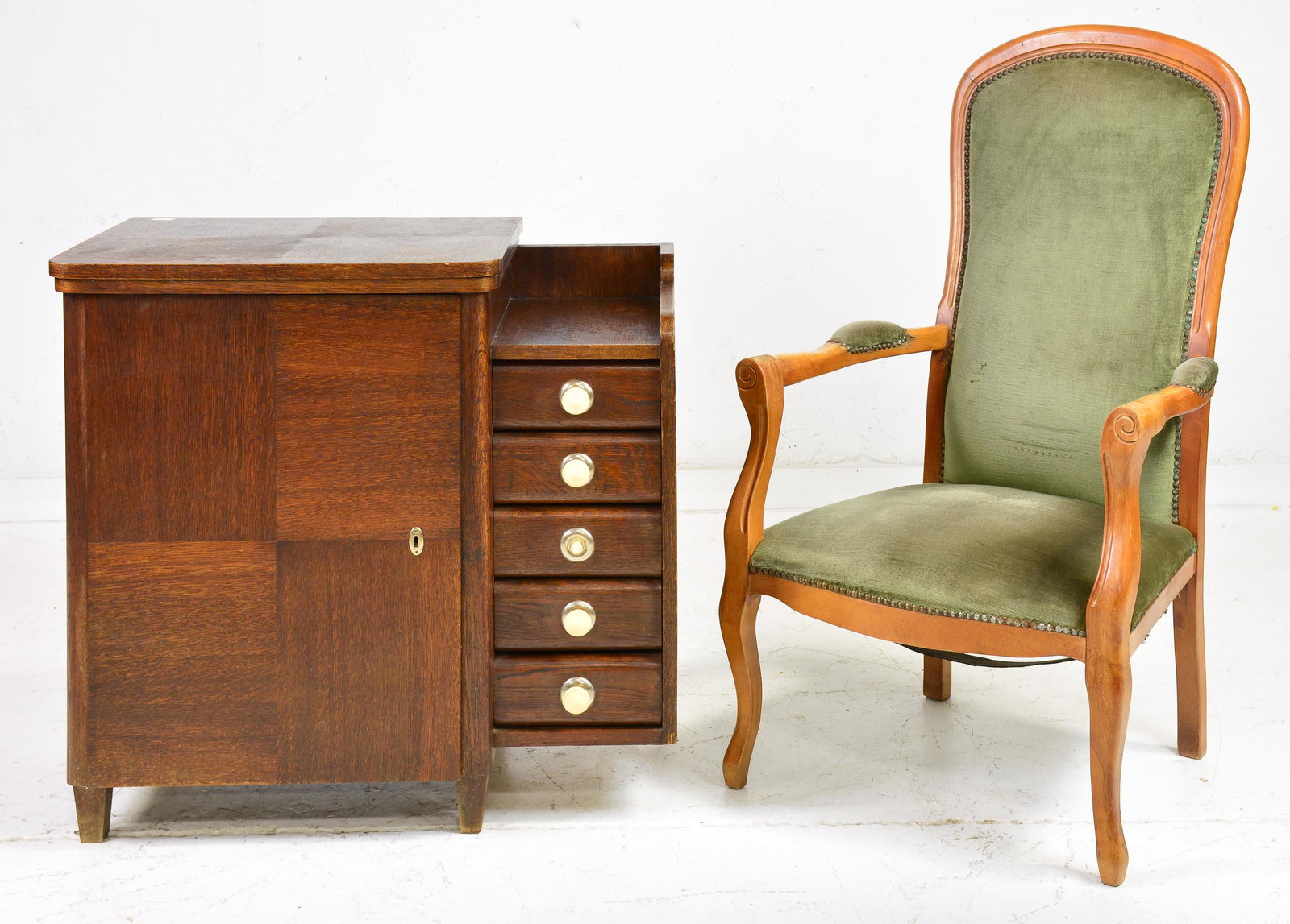 Sewing Machine in Cabinet and Upholstered Arm Chair: Sewing Machine in Cabinet & Upholstered Arm Chair - 44 in tall x 25 x 22 and 32 in tall x 28 x 18