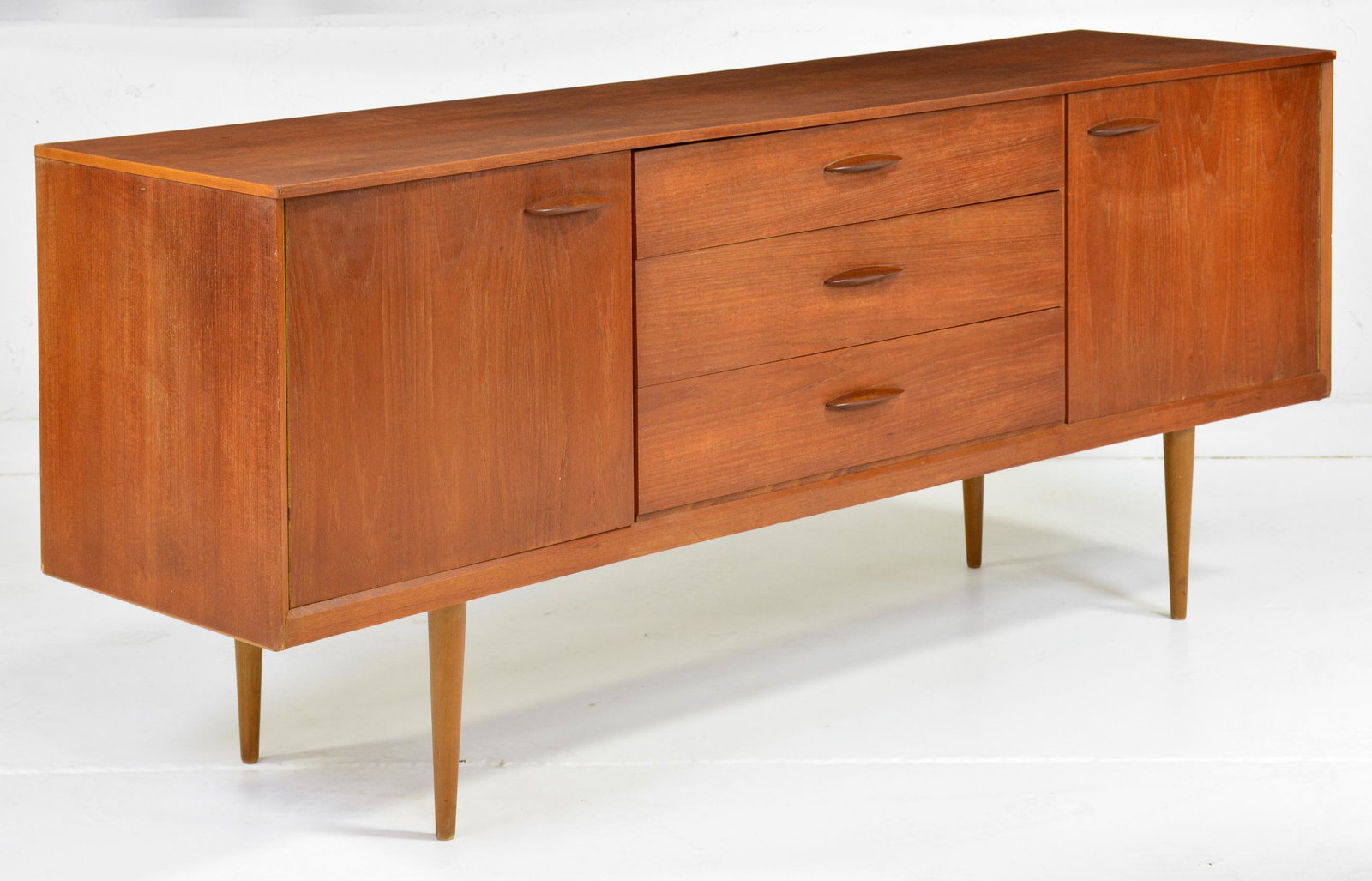 Mid Century Modern Teak Sideboard on Tapered Legs: Danish Modern Style Teak Credenza - 31 in tall x 73 x 19