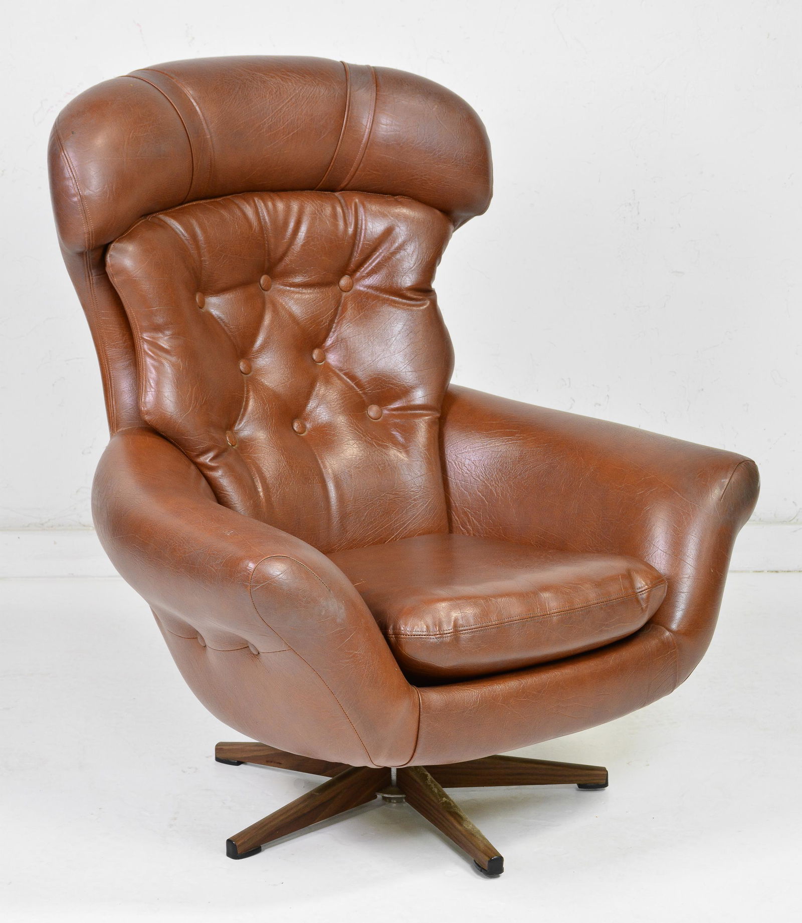Mid Century Modern Swivel Chair / Villain Chair #2: European Mid Century Modern Swivel Lounge Chair - Brown Vinyl - 40 in tall x 35 x 39