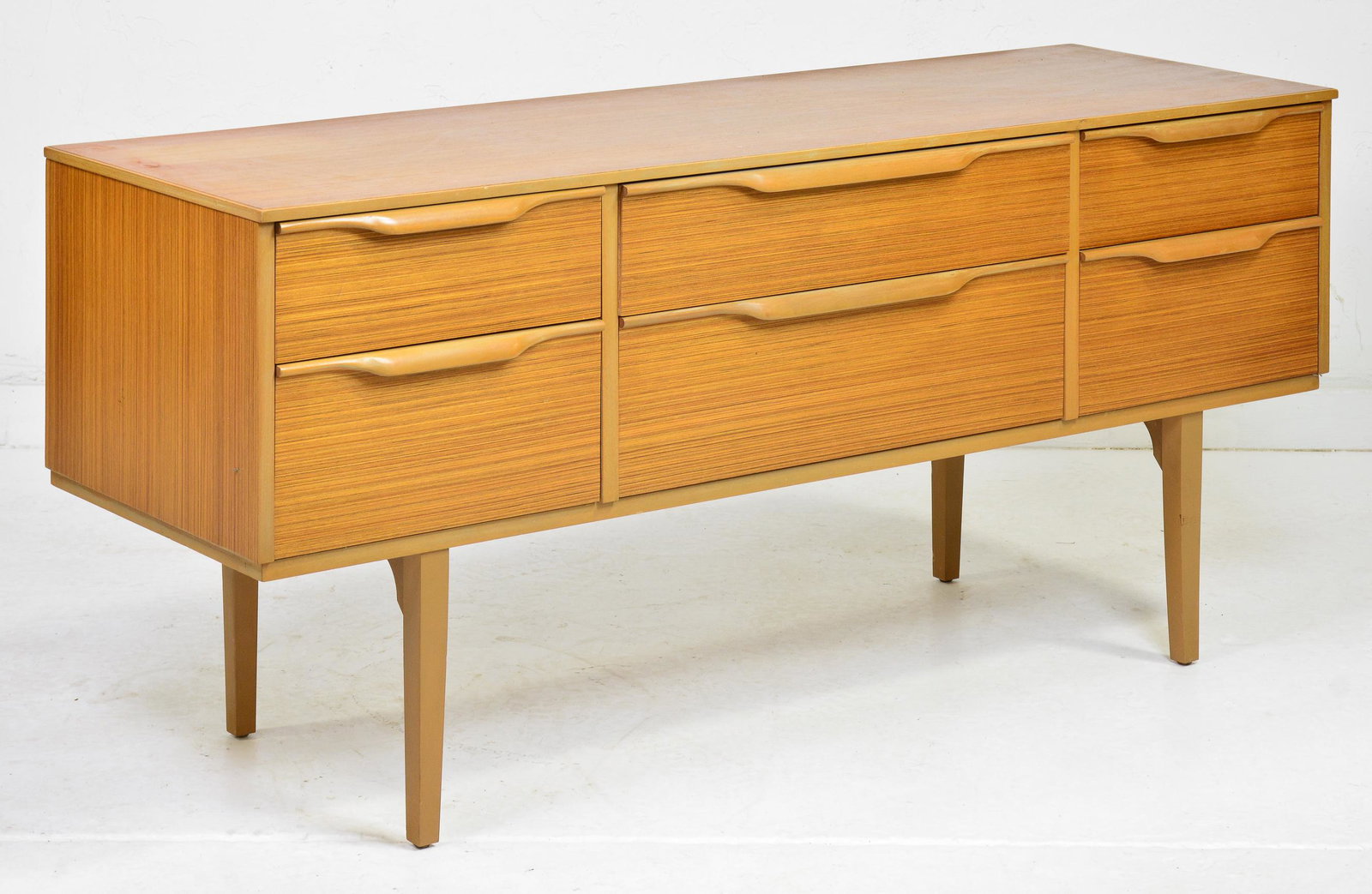 Mid Century Modern 6 Drawer Chest / Sideboard: Danish Modern Style 6 Drawer Credenza with Folded handles - 27 in tall x 58 x 20