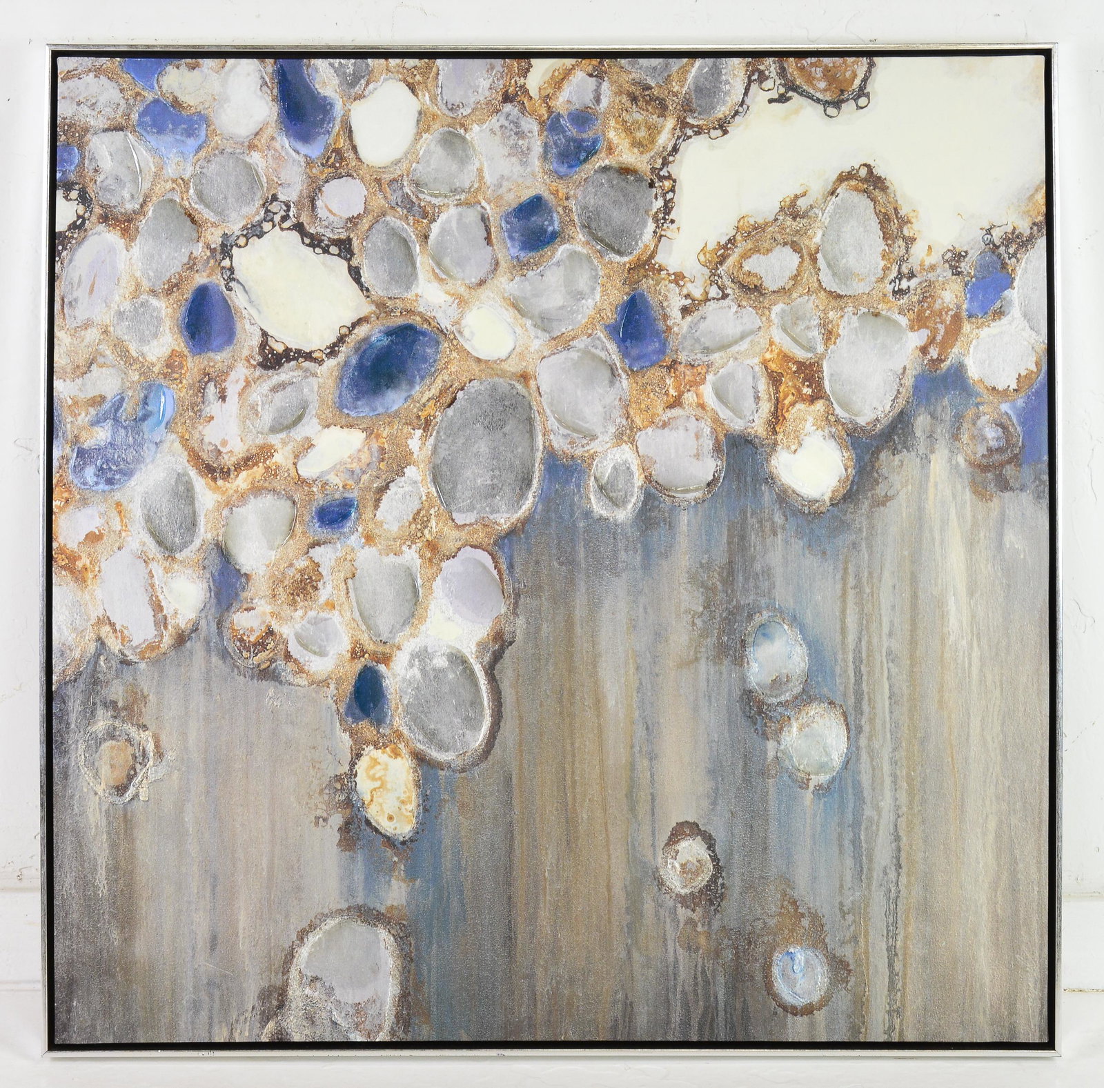 Framed Impressionist Oil On Canvas By Liz Jardine: Framed Impressionist Oil on Canvas - "Indigo Oyster Shells" by Liz Jardine - 36 in tall x 36 x 2