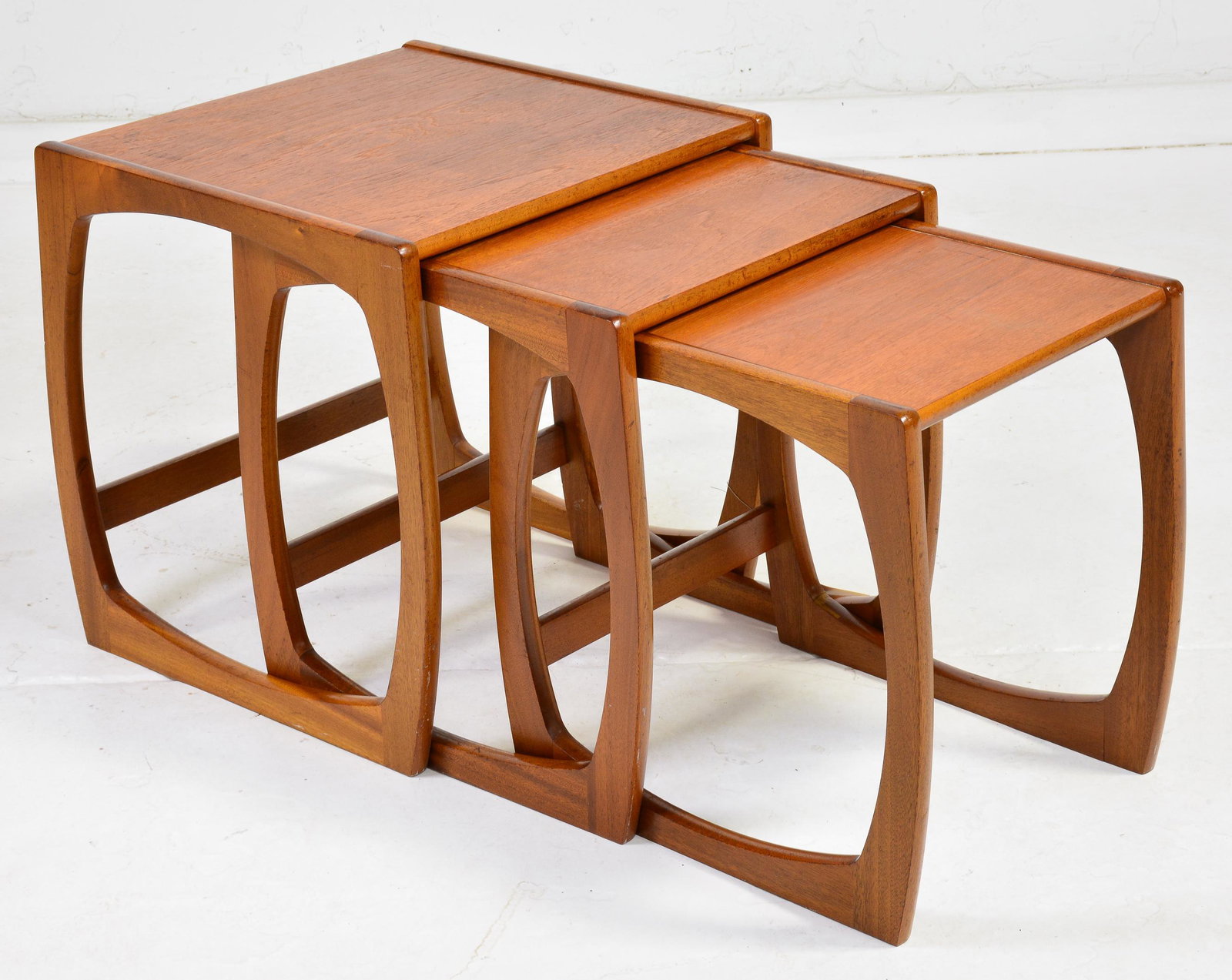 Mid Century Modern Quadrille Nest of 3 Tables: Danish Modern Teak Quadrille Nest of 3 Tables - 20 in tall x 19 x 19