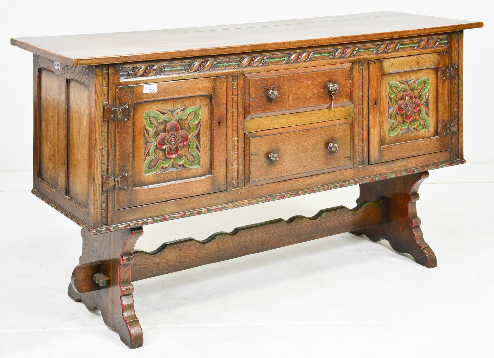 British Carved Oak Sideboard - Painted Floral Panels (1 of 4)