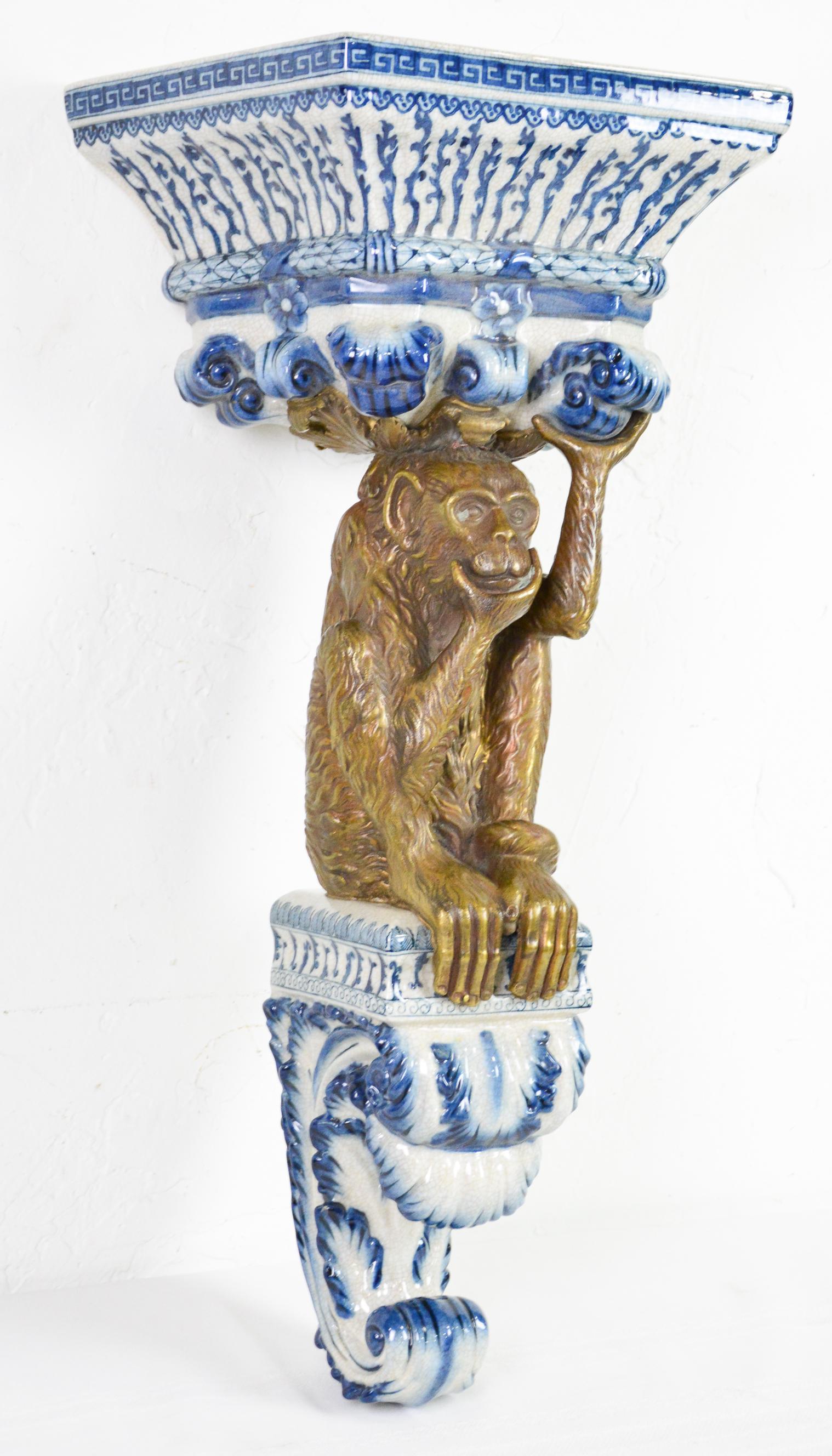 Large Blue / White Wall Shelf With Bronze Monkey (1 of 3)