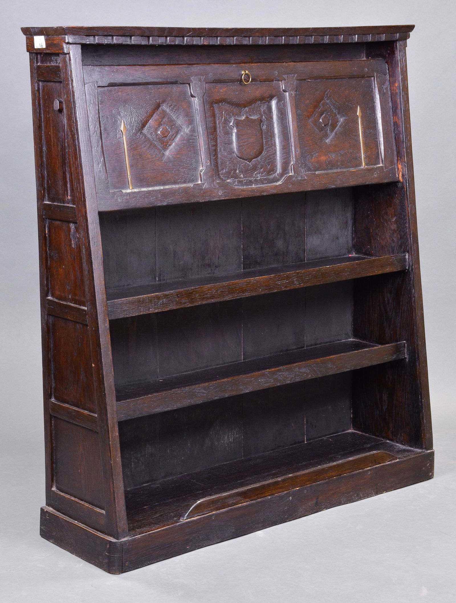 British Dark Carved Oak Bookshelf With Drop Front (1 of 5)