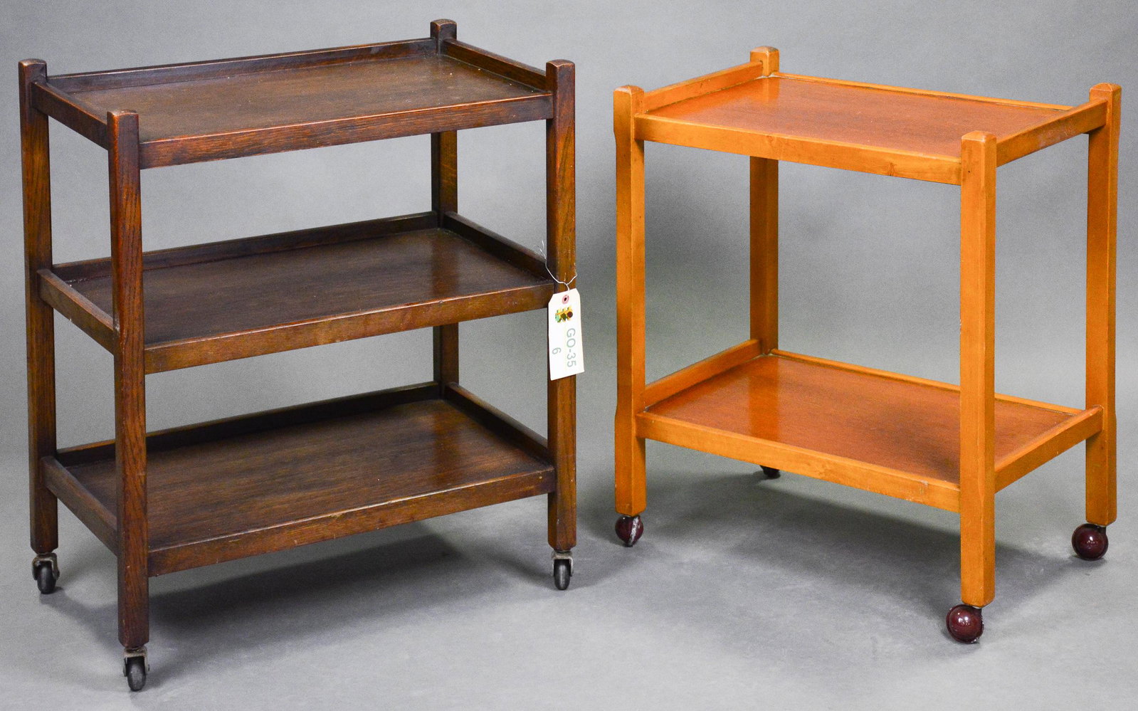 2 English Oak Trolleys: 2 English Oak Trolleys - 28 in tall x 25 x 17 and 29 in tall x 27 x 17
