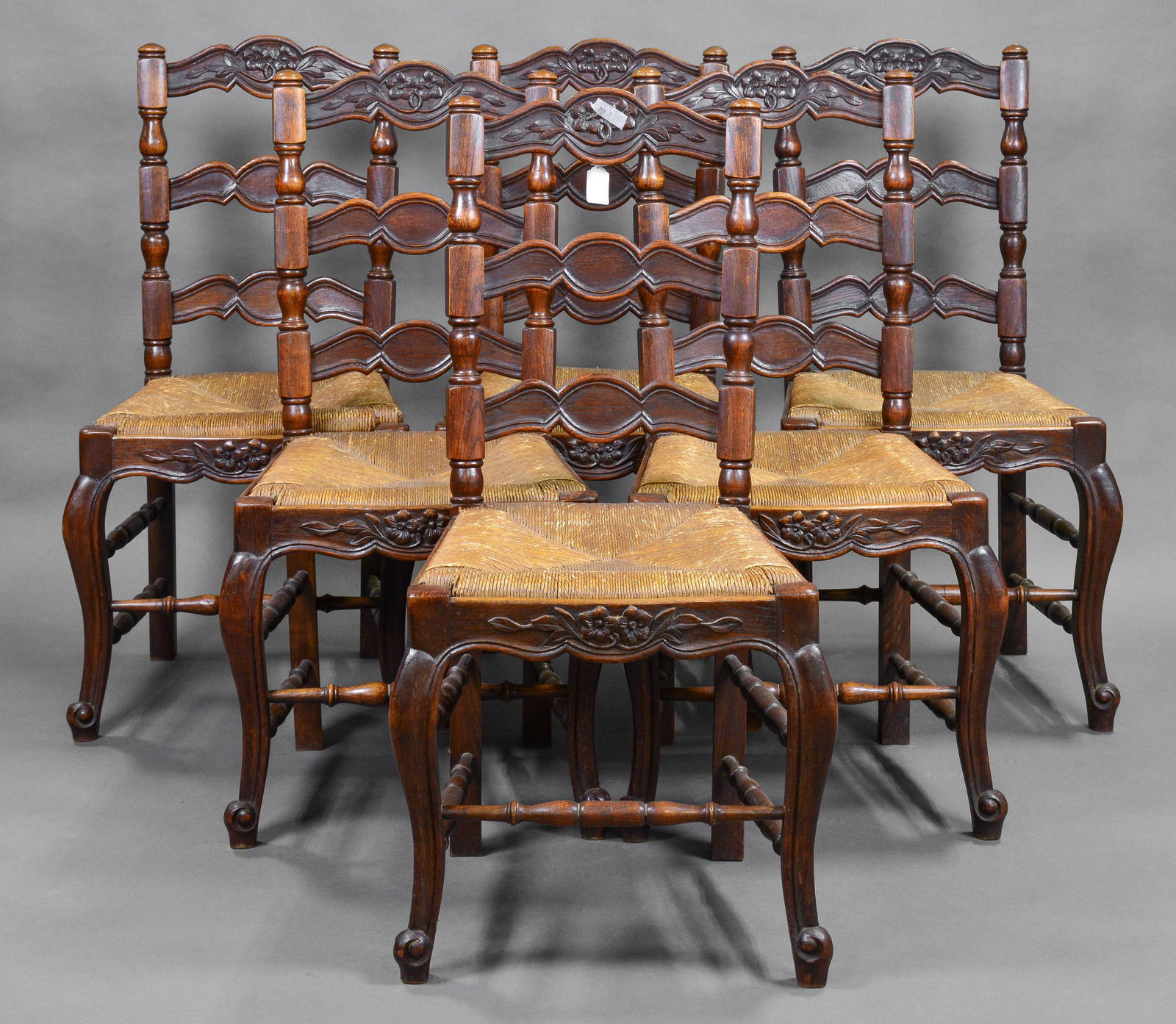 Set of 6 Carved Oak Rush Seat Chairs (1 of 3)