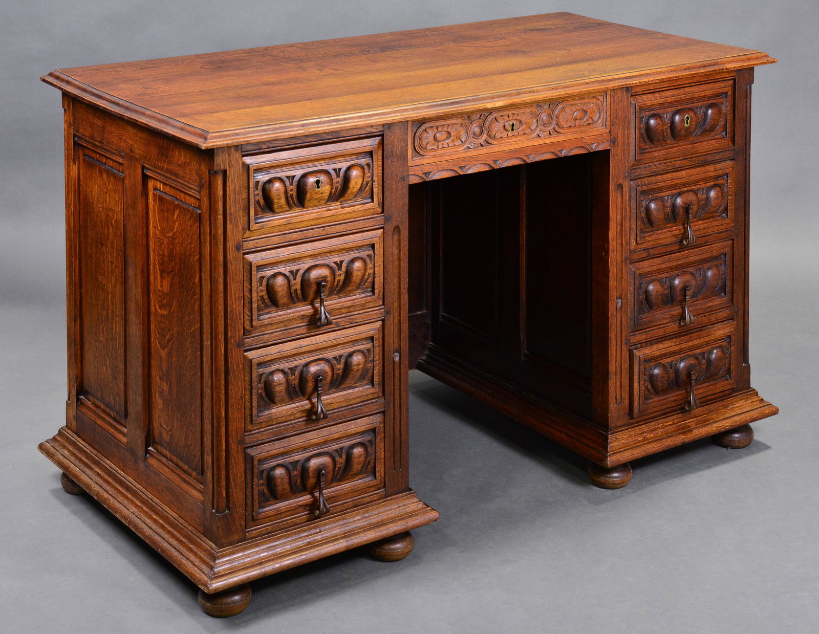 Henri II Style Twin Pedestal Carved Oak Desk: French Henri II Style Twin Pedestal Carved Oak Desk - 31 in tall x 50 x 27, Knee hole is 23 x 17